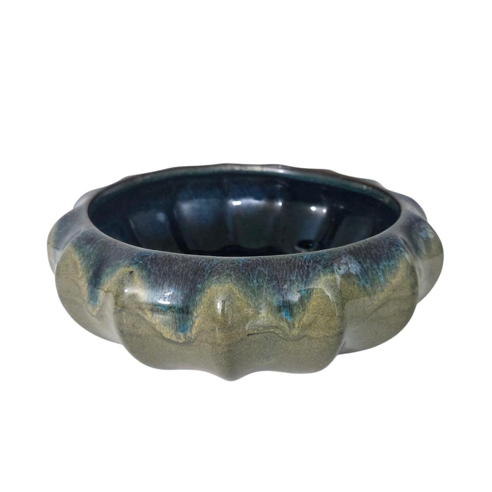 Shallow 9" Bowl Planter Bulb Vase Scalloped Blue Green Drip Glaze Internal Knobs